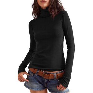 Women's Undershirts All Black Long Shirt Sleeve Ribbed Fit Slim Top Tees